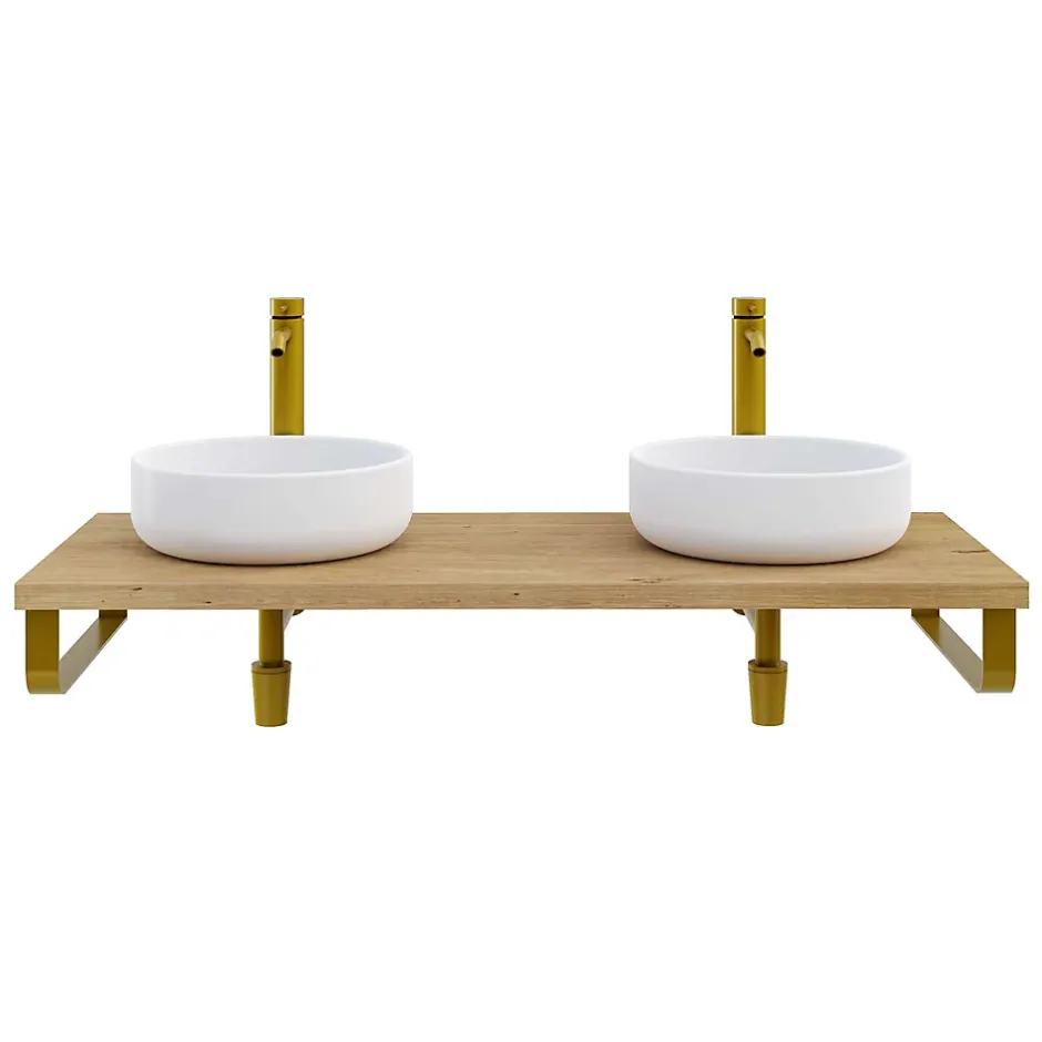 T-Bath Plan de toilette 121x49x3 cm hydrofuge placage chêne naturel avec supports or