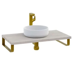 T-Bath Plan de toilette 91x49x3 cm hydrofuge placage frêne naturel avec supports or