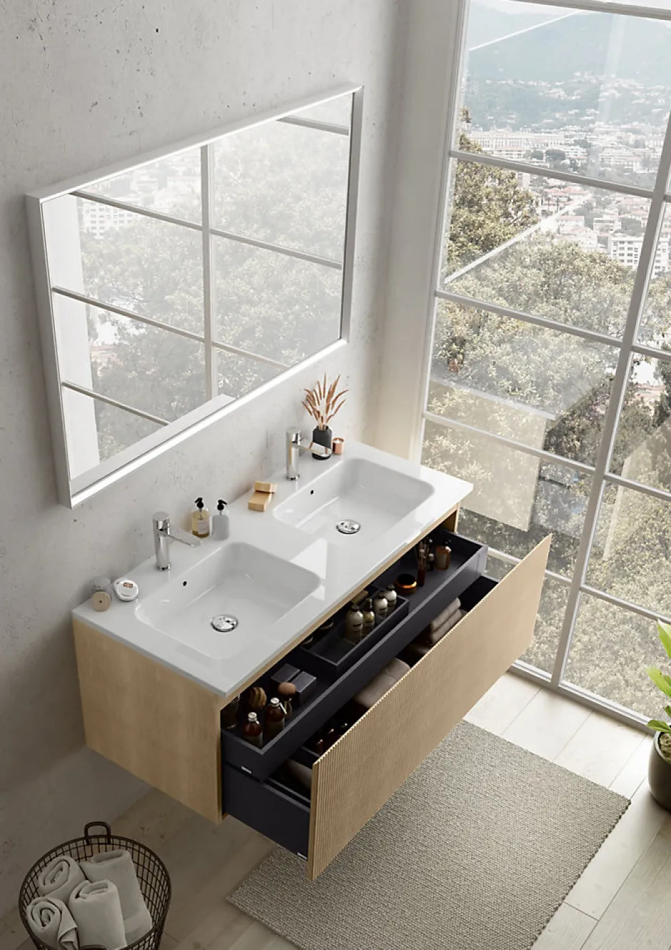 Ipiemme SRL Plan double vasque blanc brillant en céramique l.120 cm, Pura+* Plan Double Vasque