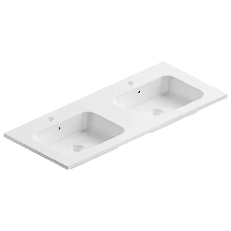 Ipiemme SRL Plan double vasque blanc brillant en céramique l.120 cm, Pura+* Plan Double Vasque