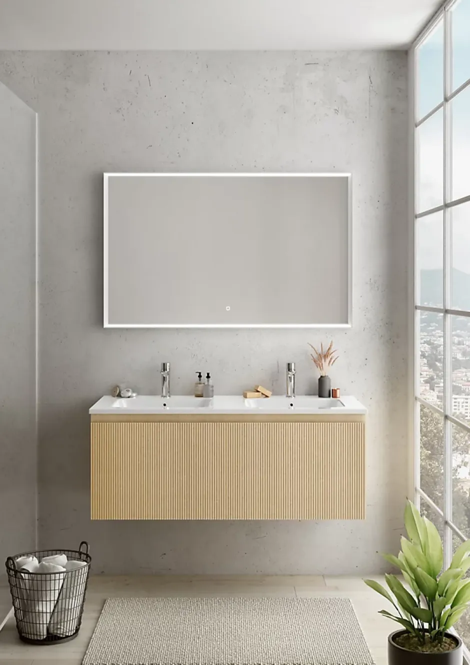 Ipiemme SRL Plan double vasque blanc brillant en céramique l.120 cm, Pura+* Plan Double Vasque