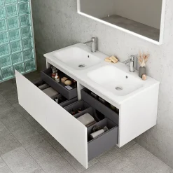 Ipiemme SRL Plan double vasque blanc brillant en résine l.120 cm, Pura+* Plan Double Vasque