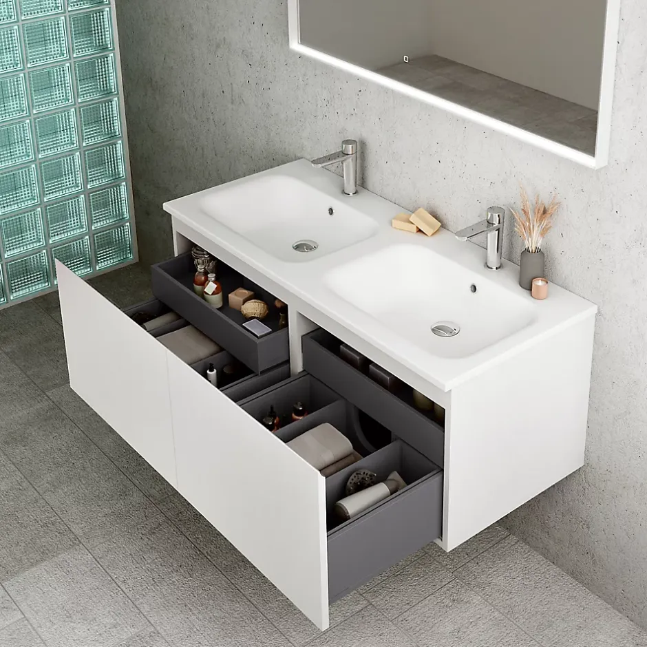 Ipiemme SRL Plan double vasque blanc brillant en résine l.120 cm, Pura+* Plan Double Vasque