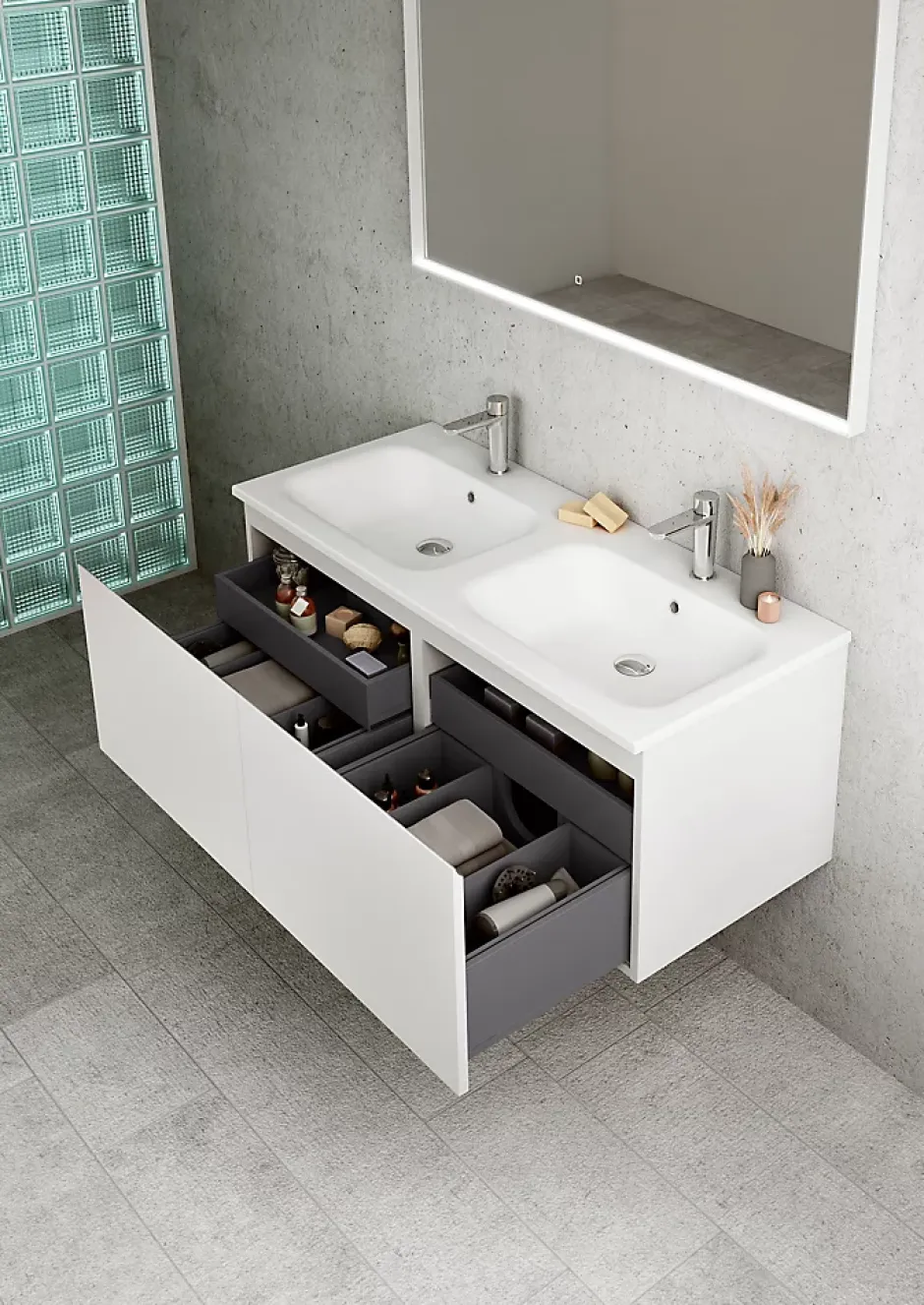 Ipiemme SRL Plan double vasque blanc brillant en résine l.120 cm, Pura+* Plan Double Vasque