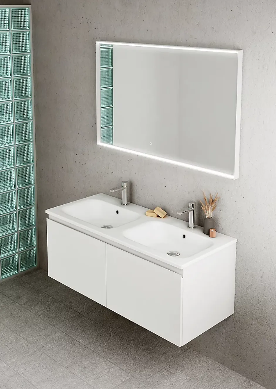 Ipiemme SRL Plan double vasque blanc brillant en résine l.120 cm, Pura+* Plan Double Vasque