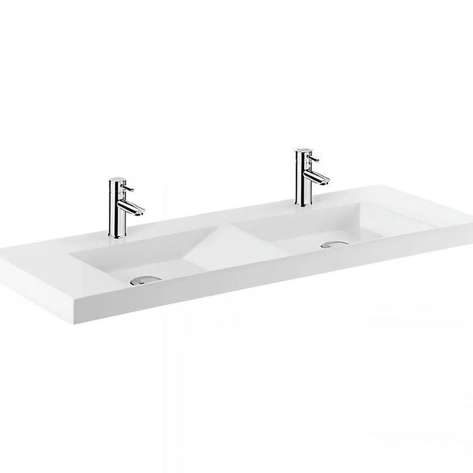 Sanindusa Plan double vasque céramique traditionnelle rectangle fixation murale ou à poser sur plan 120x43 Vista blanc
