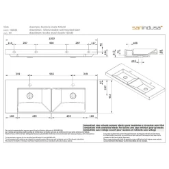 Sanindusa Plan double vasque céramique traditionnelle rectangle fixation murale ou à poser sur plan 120x43 Vista blanc