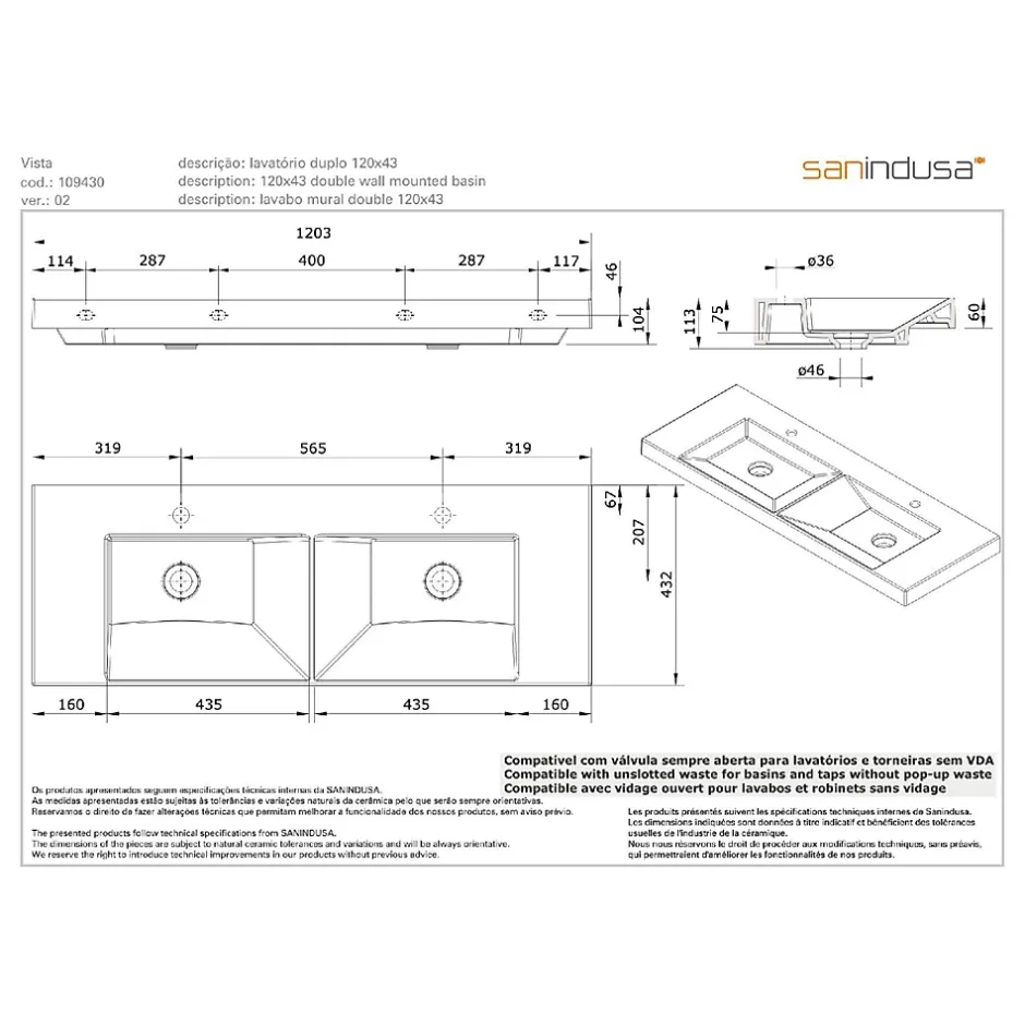 Sanindusa Plan double vasque céramique traditionnelle rectangle fixation murale ou à poser sur plan 120x43 Vista blanc