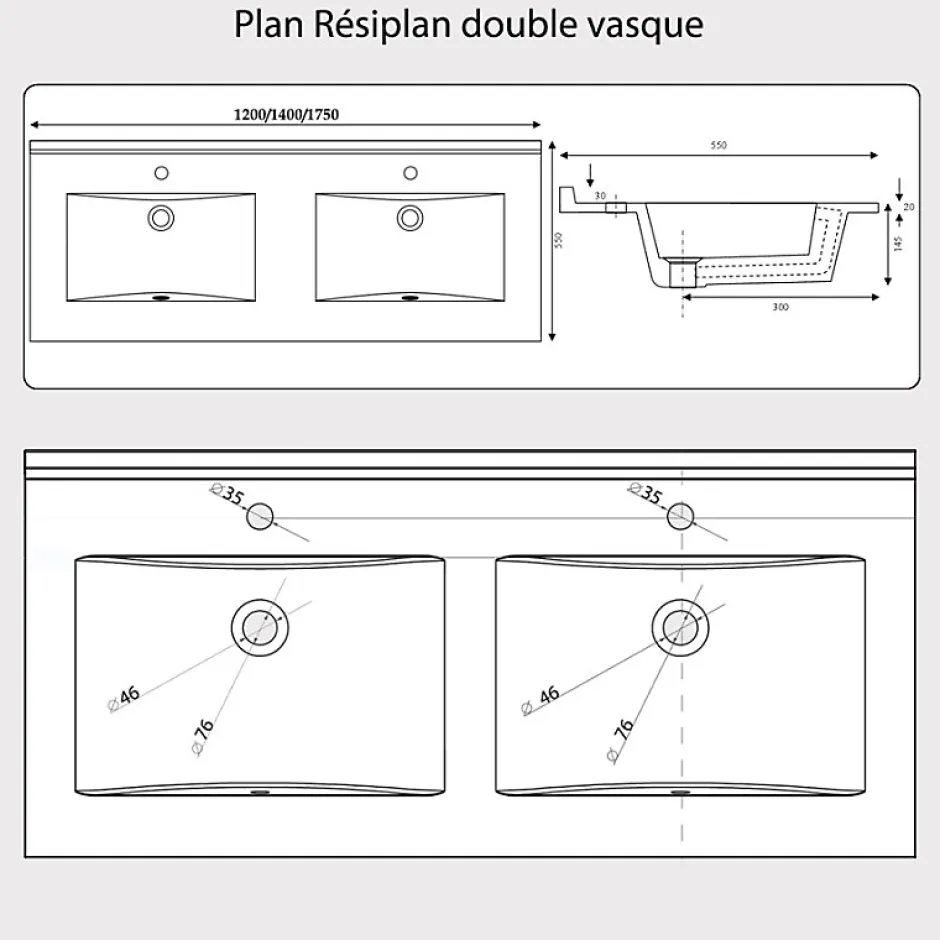 Cuisibane Plan double vasque en résine de synthèse RESIPLAN - 120 cm