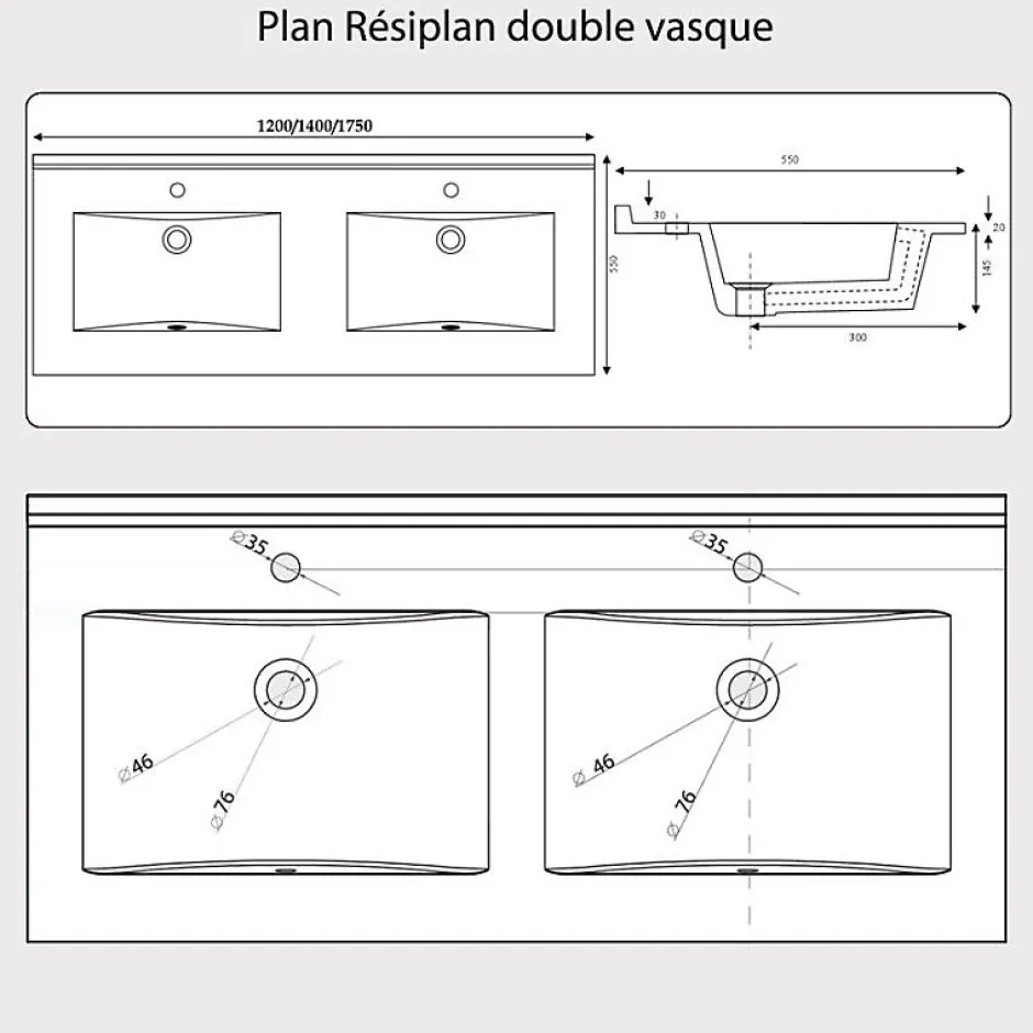 Cuisibane Plan double vasque en résine de synthèse RESIPLAN - 140 cm* Plan Double Vasque