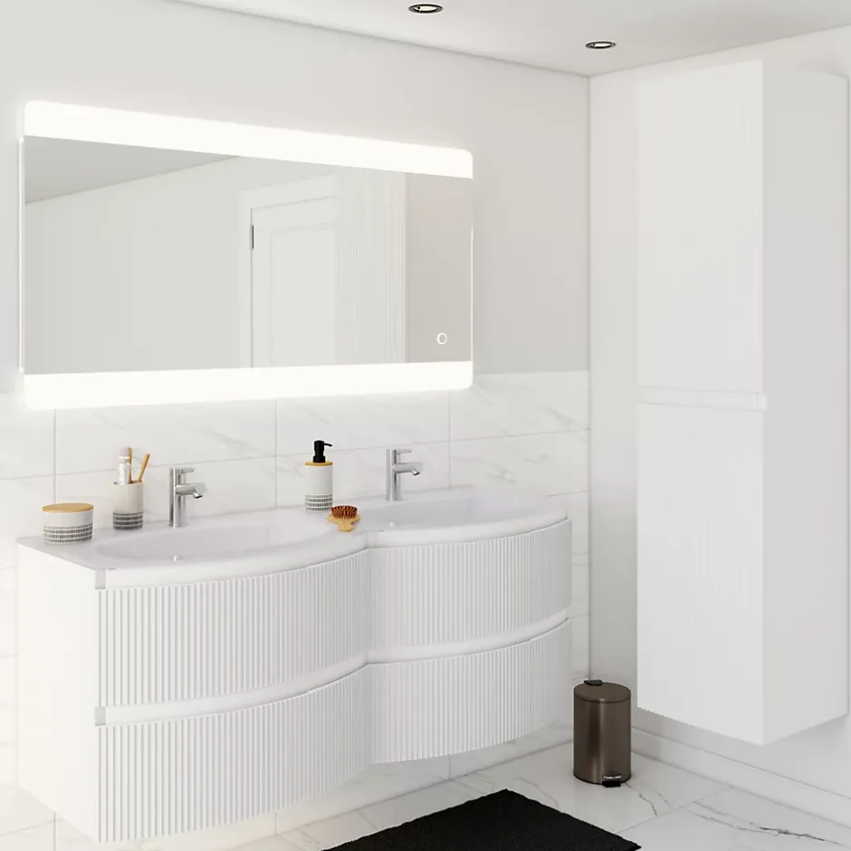 Plan double vasque en verre blanc 138 cm Vague* Plan Double Vasque