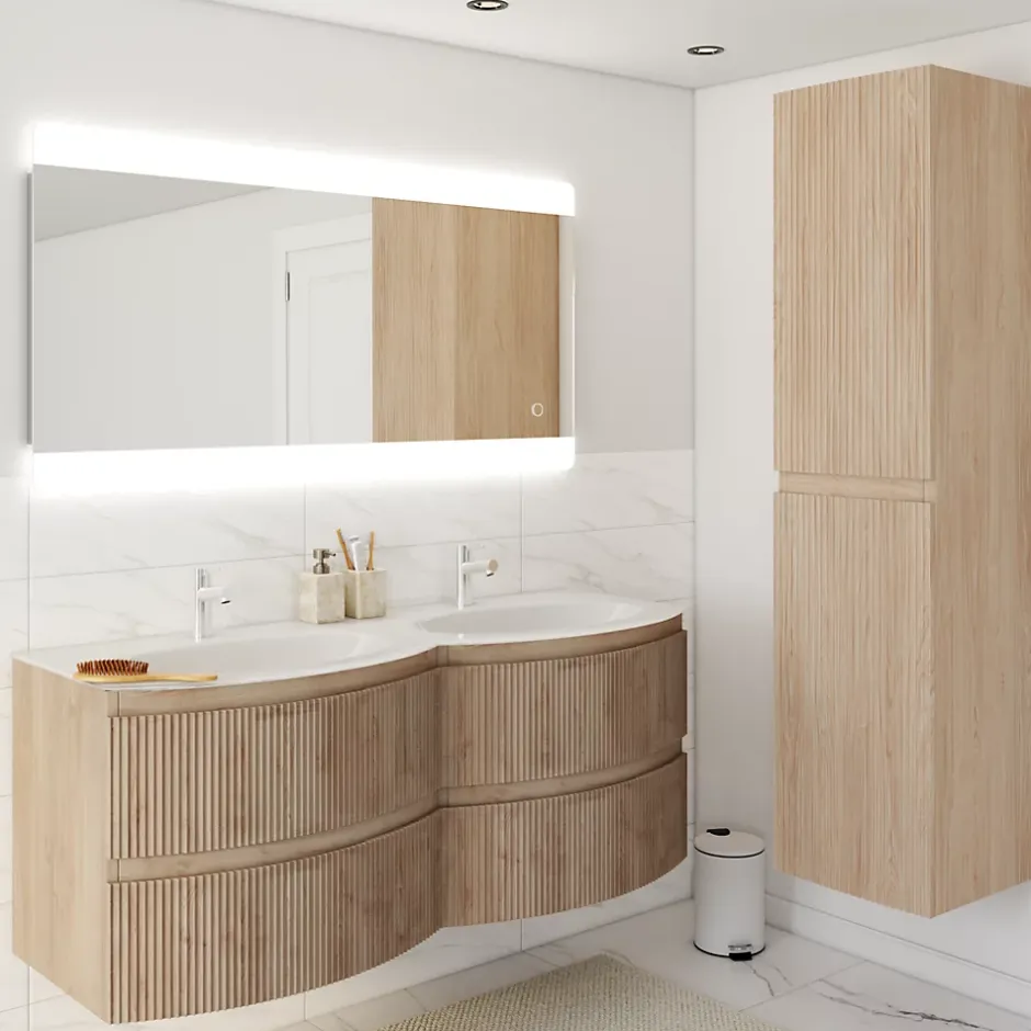 Plan double vasque en verre blanc 138 cm Vague* Plan Double Vasque