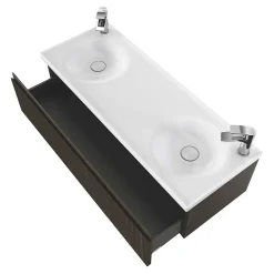 GoodHome Plan double vasque l.120 x P.45 cm en céramique avec plage de dépose au centre, blanc, Kentia