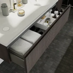 GoodHome Plan double vasque l.120 x P.45 cm en céramique avec plage de dépose au centre, blanc, Kentia