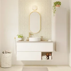 GoodHome Plan double vasque l.120 x P.45 cm en céramique avec plage de dépose au centre, blanc, Kentia