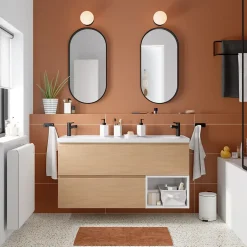 GoodHome Plan double vasque l.120 x P.45 cm en céramique avec plage de dépose au centre, blanc, Kentia
