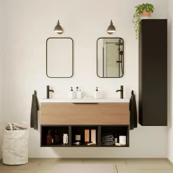 GoodHome Plan double vasque l.120 x P.45 cm en céramique avec plage de dépose au centre, blanc, Kentia