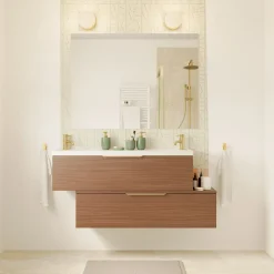 GoodHome Plan double vasque l.120 x P.45 cm en céramique avec plage de dépose au centre, blanc, Kentia