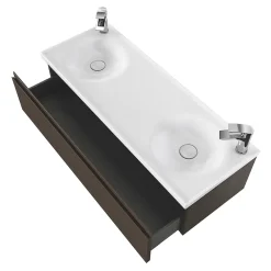 GoodHome Plan double vasque l.120 x P.45 cm en céramique avec plage de dépose au centre, blanc, Kentia