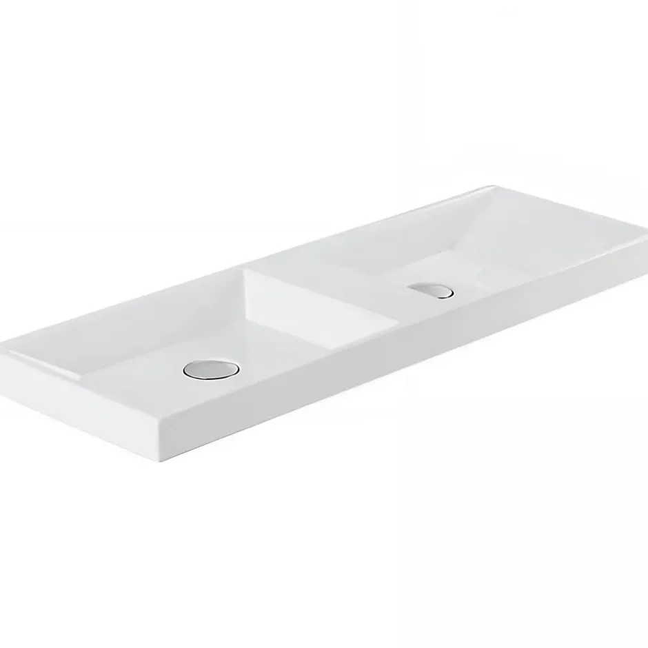 Sanindusa Plan double Vasque rectangulaire céramique traditionnelle 100x35 Vista blanc* Plan Double Vasque