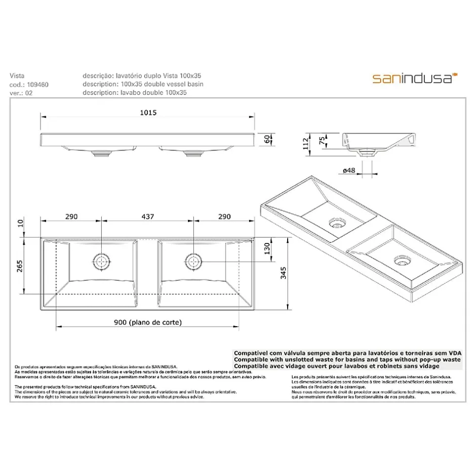 Sanindusa Plan double Vasque rectangulaire céramique traditionnelle 100x35 Vista blanc* Plan Double Vasque