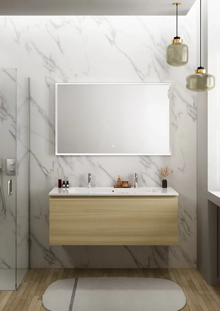 Ipiemme SRL Plan simple vasque en céramique blanc l.120 cm pour 2 robinets, Pura+* Plan Double Vasque