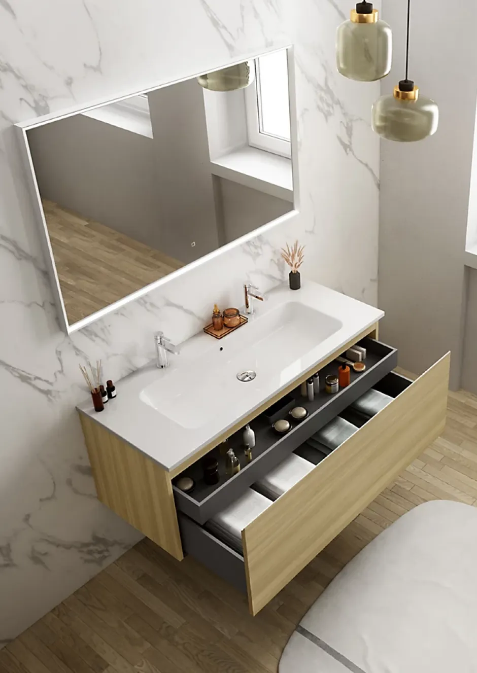 Ipiemme SRL Plan simple vasque en céramique blanc l.120 cm pour 2 robinets, Pura+* Plan Double Vasque