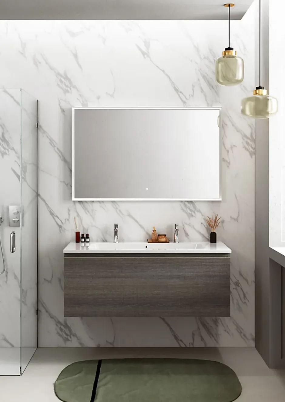 Ipiemme SRL Plan simple vasque en céramique blanc l.120 cm pour 2 robinets, Pura+* Plan Double Vasque