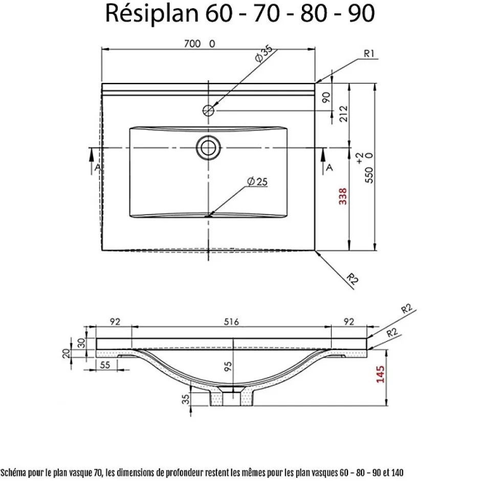 Cuisibane Plan simple vasque en résine de synthèse RESIPLAN - 70 cm* Plan Simple Vasque