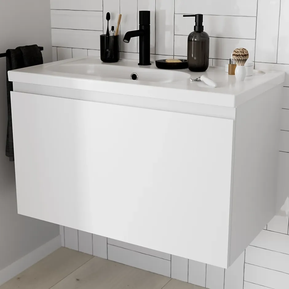 GoodHome Plan simple vasque l.80,6 x H.12,3 x P.45,2 cm, en céramique blanche, levanna* Plan Simple Vasque