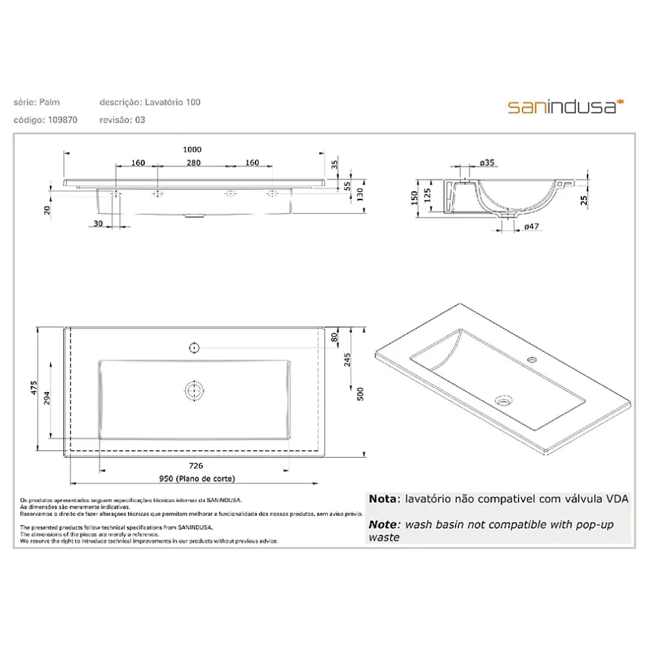 Sanindusa Plan vasque céramique traditionnelle Palm 100 blanc a poser sur plan ou meuble* Plan Simple Vasque