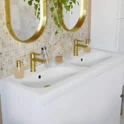 GoodHome Plan vasque double l.120,6 x H.12,3 x P.45,2 cm, en céramique blanche, levanna* Plan Double Vasque