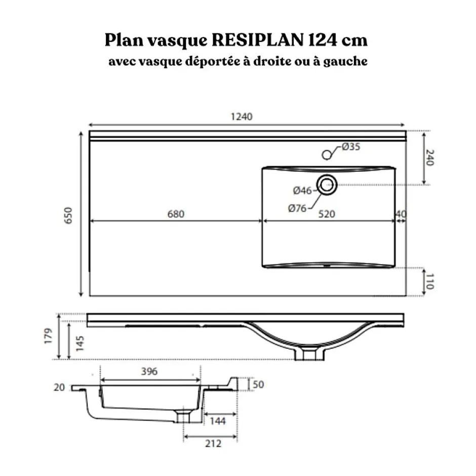 Cuisibane Plan vasque RESIPLAN - 124 cm avec vasque déportée à gauche* Plan Simple Vasque
