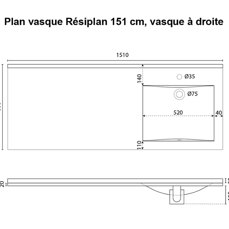 Cuisibane Plan vasque RESIPLAN - 151 cm avec vasque déportée à droite