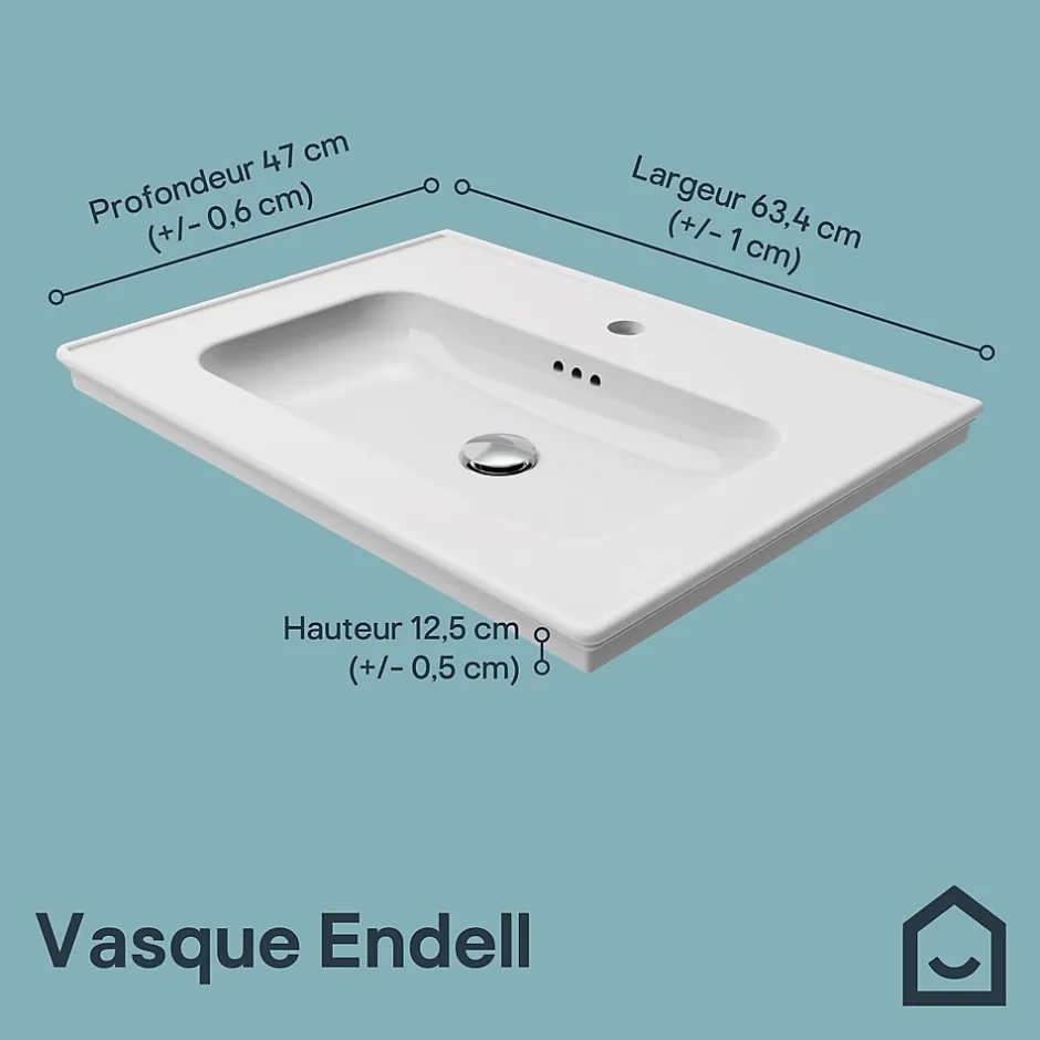 GoodHome Plan vasque simple blanc en céramique l.60 cm, Endell* Plan Simple Vasque