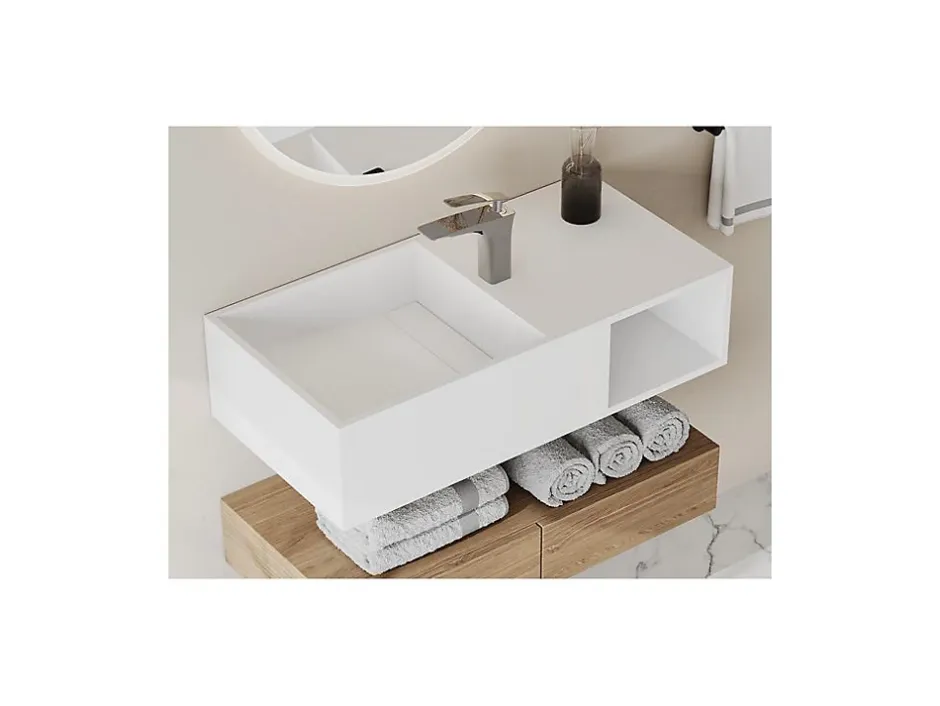 Vente-unique Plan vasque suspendu en solid surface avec niche - Blanc - L80 x l40 x H20 cm - GOYOKO