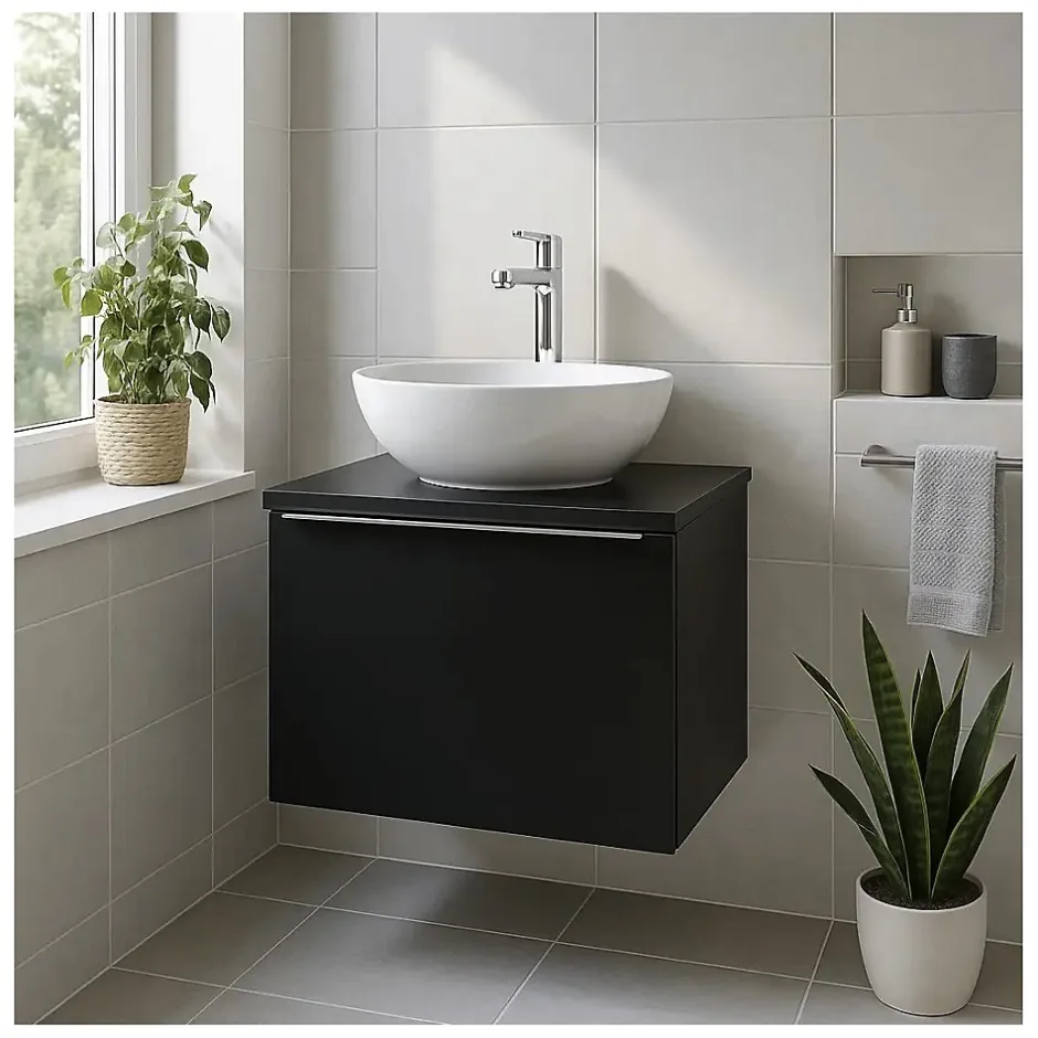 Meublorama Plan vasque VANTA 60 cm noir Plateau compact pour meuble sous vasque* Plan Double Vasque