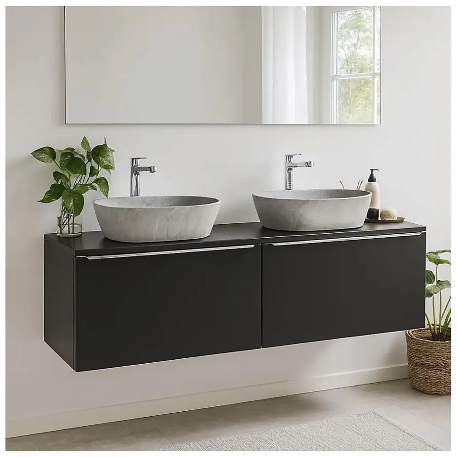 Meublorama Plan vasque VANTA 160 cm noir Plateau grande longueur pour meuble sous vasque* Plan Double Vasque