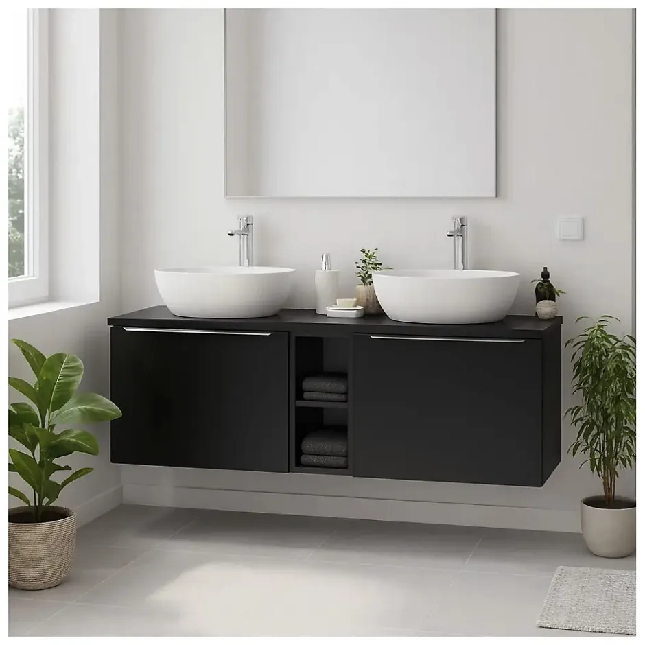 Meublorama Plan vasque VANTA 140 cm noir Plateau grande largeur pour meuble sous vasque