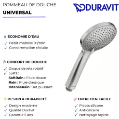 Duravit Pommeau de douche 3 jets Universal avec curseur inox brossé + flexible de douche