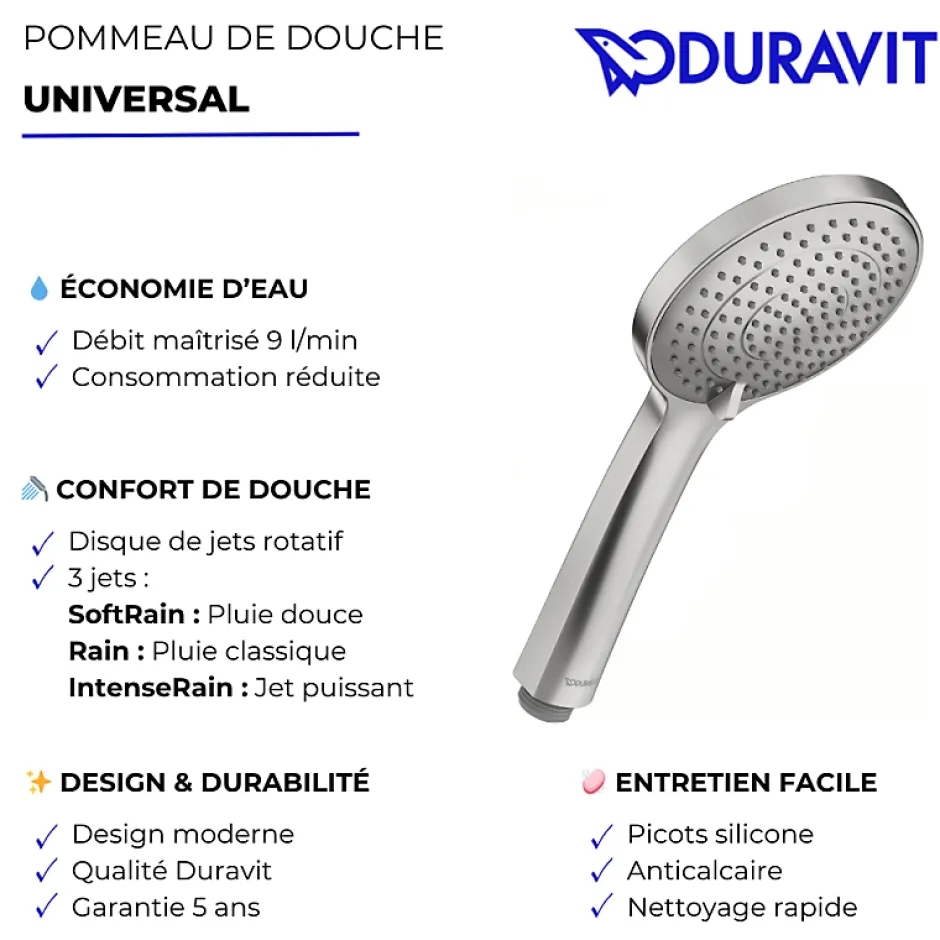 Duravit Pommeau de douche 3 jets Universal avec curseur inox brossé + flexible de douche