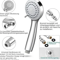 Deko Pommeau de douche économie d'eau à 3 types de jet haute pression avec tuyau de 1,5 m et ruban téflon* Pommeau De Douche, Flexible Et Barre De Douche
