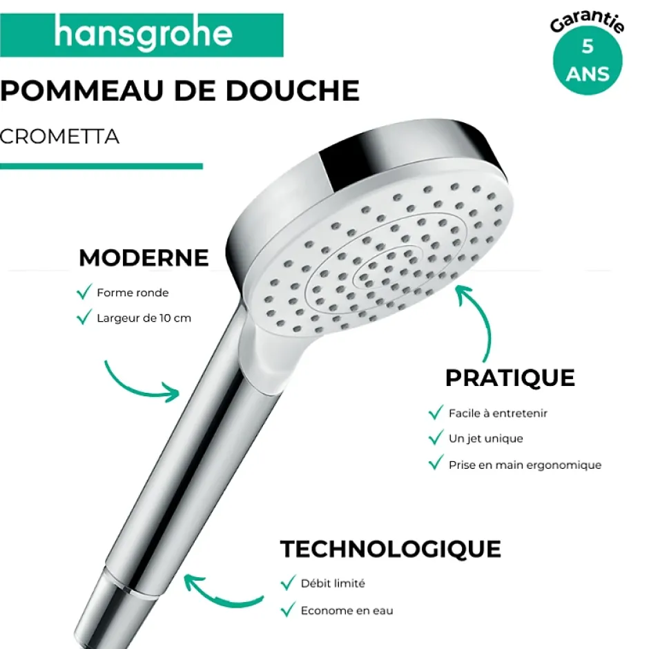Hansgrohe Pommeau de douche Crometta EcoSmart blanc/chromé + flexible de douche 2 m Metaflex chromé
