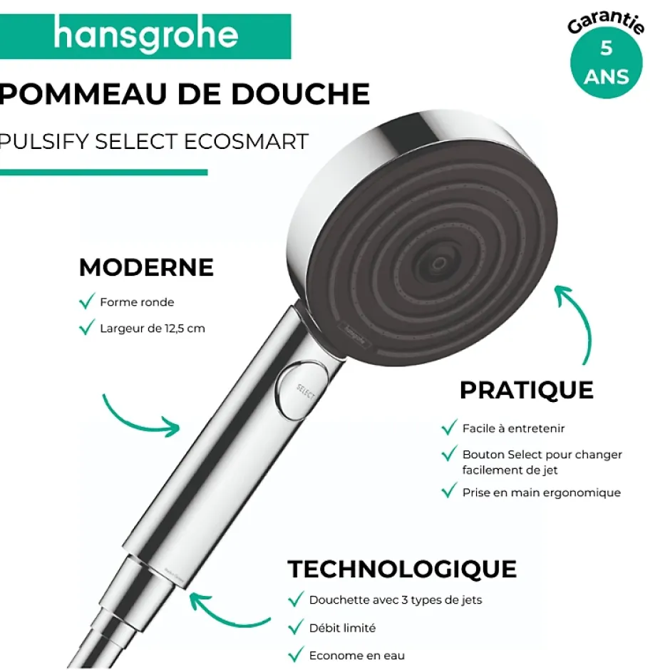 Hansgrohe Pommeau de douche Pulsify Select EcoSmart 105 3 jets Relaxation + flexible de douche Designflex 160 cm blanc mat