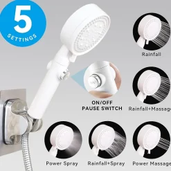 Deko Pommeau de douche haute pression, économie d'eau, 5 jets, idéal pour le bain et le spa, anticalcaire, haute pression (blanc)