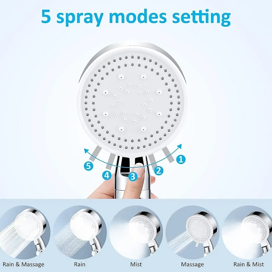 Deko Pommeau de douche Haute Pression à économie D'eau 5 types de jet pour bain et spa Pommeau Douche Anti Calcaire(Argenté)