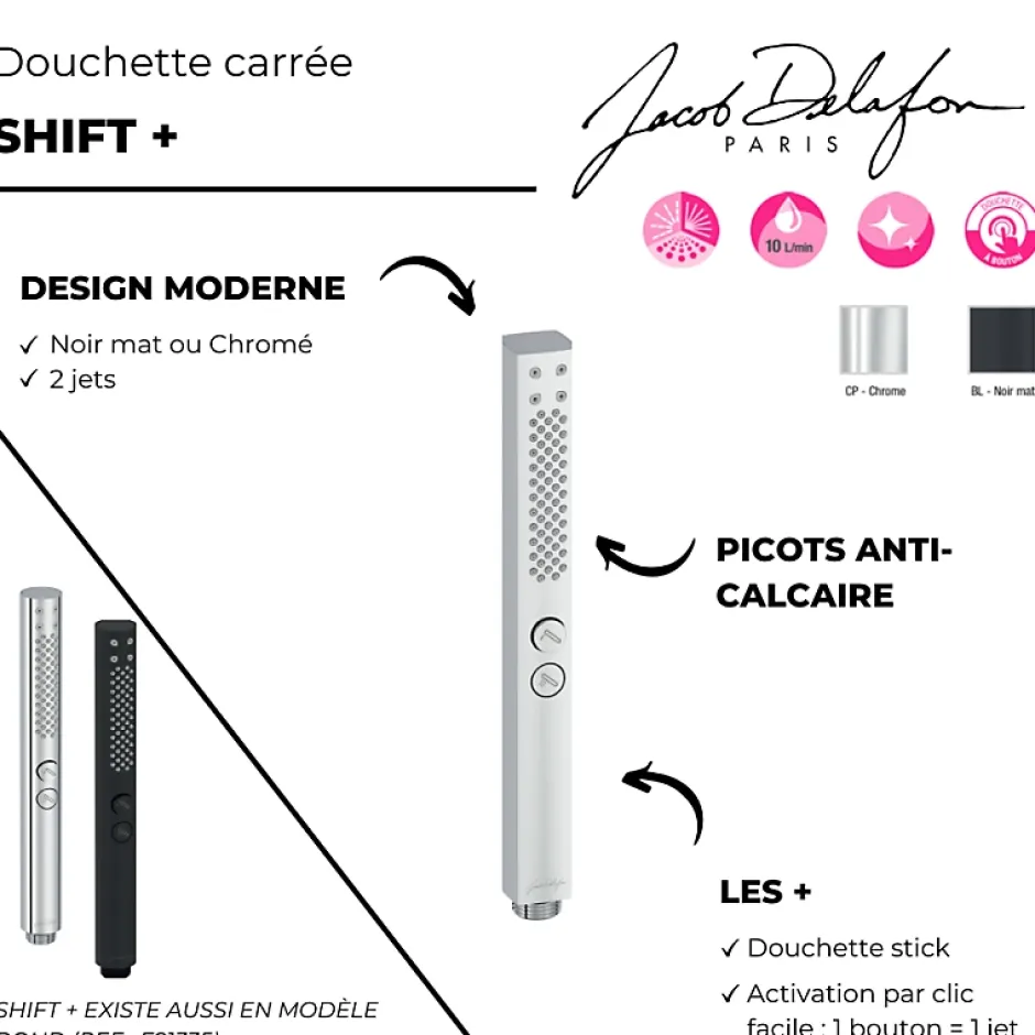 Jacob Delafon Pommeau de douche Shift+ carré 2 jets noir mat + flexible