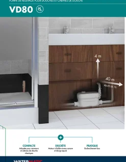 Watermatic Pompe de relevage 2 entrées pour douche traditionnel ou extra plat VD80 évacuation de 1 douche+1 lavabo