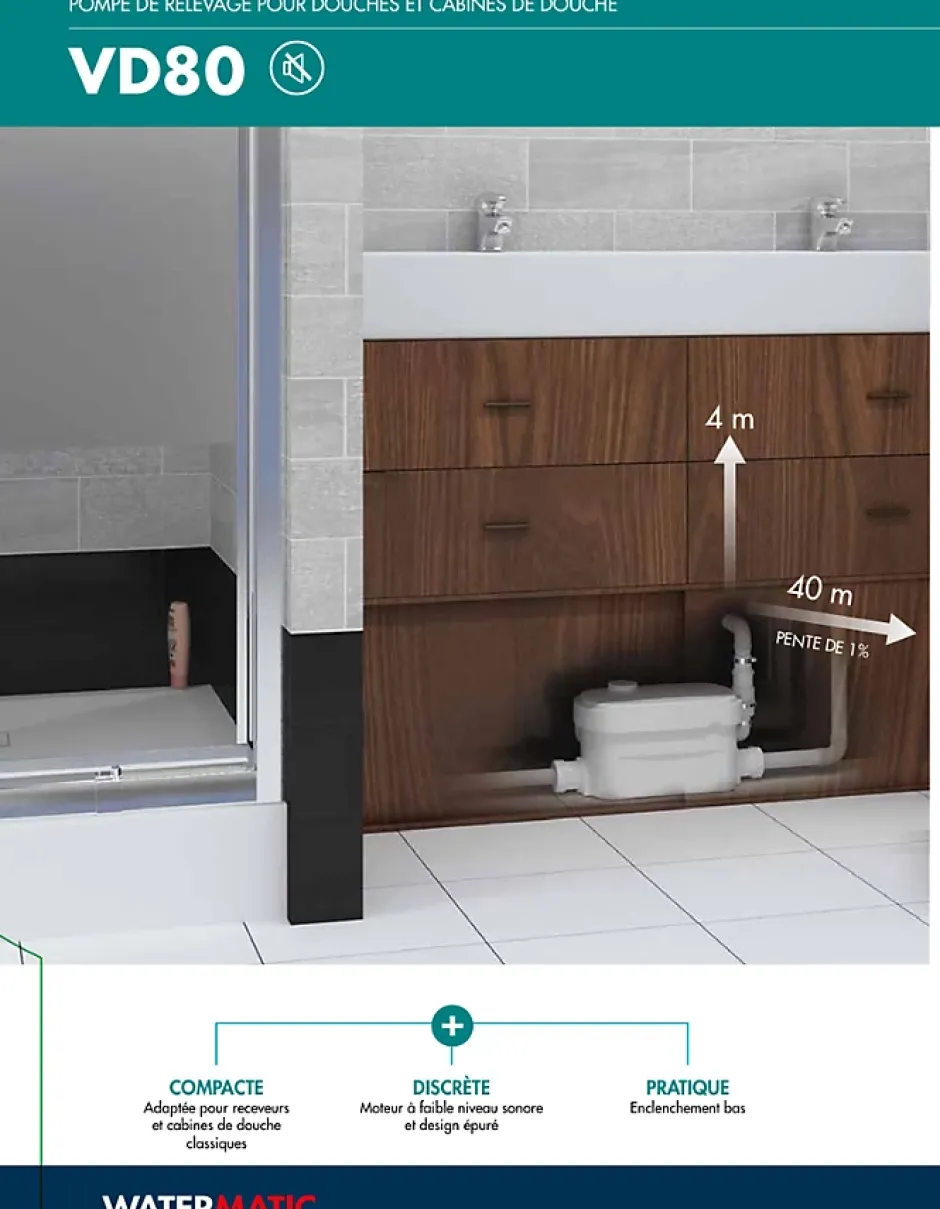 Watermatic Pompe de relevage 2 entrées pour douche traditionnel ou extra plat VD80 évacuation de 1 douche+1 lavabo