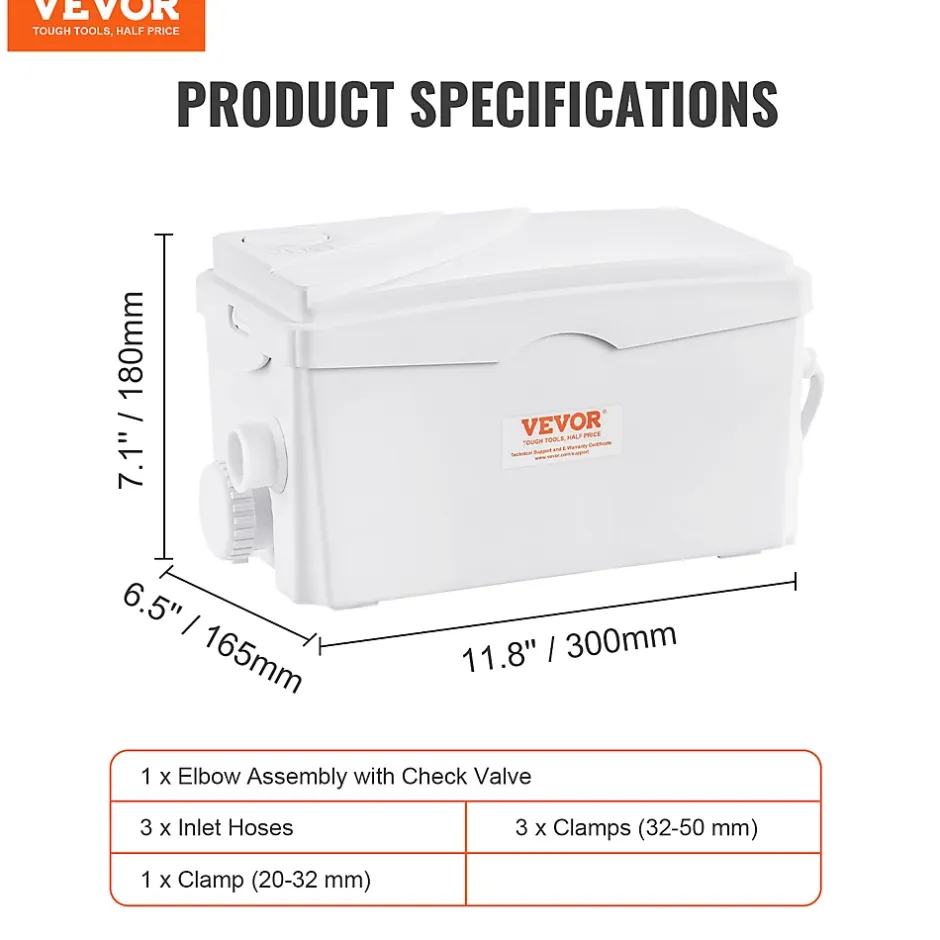 Vevor Pompe macératrice 350W, 3 entrées eau, 6000 L h, relevage 7 m, eaux usées sous-sol cuisine.* Wc Chimique Et Broyeur